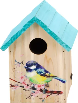 Produktbild von Vogelhaus aus Holz zum Hängen oder Stellen, Nistkasten für kleinere Vögel wie Spatzen, Meisen etc., seitlich zu öffnen, rundes Einflugfenster Ø ca. 3,2 cm, fest verschraubter Aufhänger, Höhe ca. 20 cm
