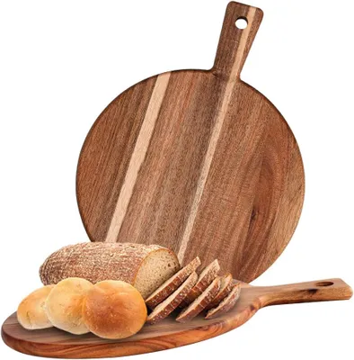 Immagine prodotto di Set di 2 taglieri per pizza, diametro 30 cm, in legno di acacia, con manico, ideali per tagliare la pizza
