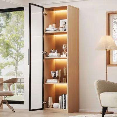 Immagine prodotto di Vetrina 40x40x165 cm Armadio alto stretto Effetto rovere Porta in vetro Vetro temperato Illuminazione a LED Cerniere Soft Close Rovere