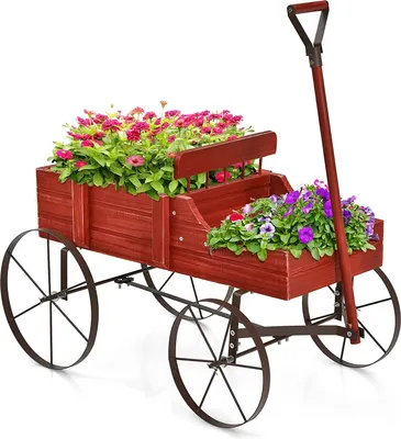 Produktbild von COSTWAY Stojan na kvety Drevený vozík na kvety s kovovými kolieskami Stojan na kvety pre záhradu a terasu 34x62x60 cm (červený)
