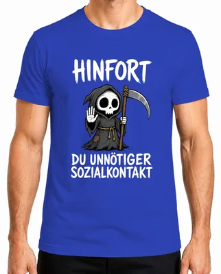Imagen del producto de Camiseta para hombre, color azul, con el texto: "Hinfort: Contacto social innecesario. La muerte: una declaración sarcástica." (Talla L)
