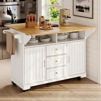 Produktbild von Ausziehbare Kücheninsel auf Rollen mit klappbarem Küchentisch und Arbeitsplatte 120x40(80) x95 cm, Buffetschrank mit Schubladen und Türen, Handtuchhalter sowie Gewürzregal, Weiß