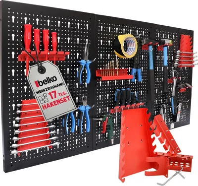 Produktbild von Belko® Werkzeugwand Rot 120x60 cm | Metall Pegboard mit 17-teiligem Haken & Regal | Werkstatt, Garage, Keller