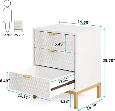 Obrázek produktu pro Noční stolek se 3 zásuvkami – bílý a zlatý – moderní design s motivem plástve