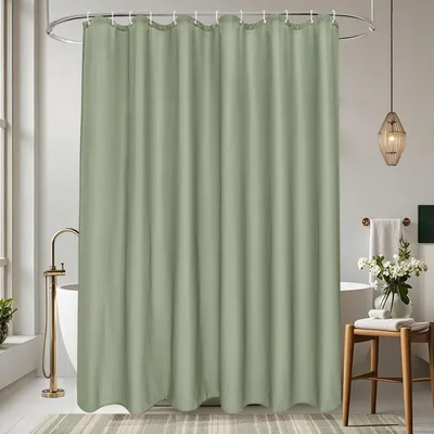 Produktbild von Duschvorhang 200x200 cm, grünes Textil, wasserdicht, schimmelresistent, waschbar, mit 14 Ringen.