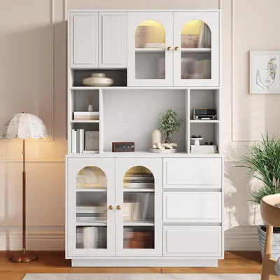 Produktbild von Flieks Küchen Hochschränke mit Bogen-Acryltüren, offenen Fächern, Küchenbuffet mit APP-gesteuerter farbverstellbarer LED-Beleuchtung,Sideboard, Weiß
