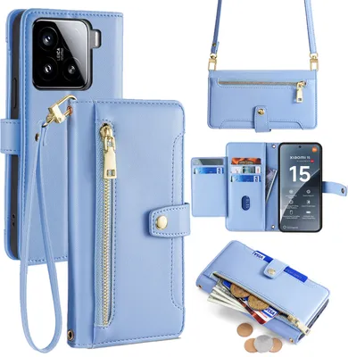 Produktbild von Handykette für Xiaomi 15 Hülle mit Band Handyhülle Kartenfächer Kunstleder Umhängetasche in Hellblau