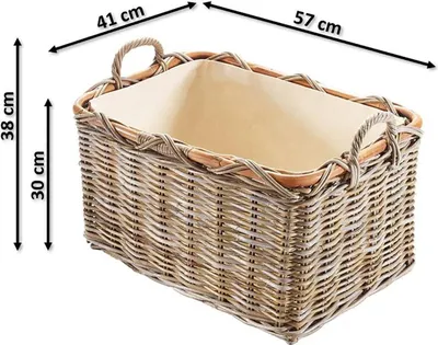A wicker basket with dimensions indicated by measurement lines and text.