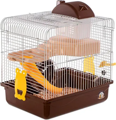 A hamster cage with multiple levels and accessories.