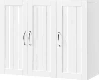 A white cabinet with three doors and silver handles.