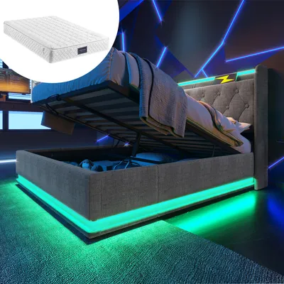 Image de MODFU Lit Coffre Double 140x200 cm - Lit à Rangement Hydraulique et LED avec 4 Tiroirs - Matelas Inclus - Gris