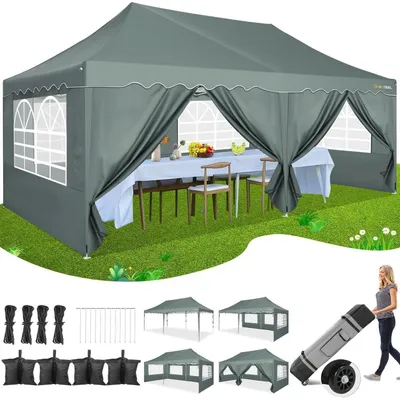 Productafbeelding van Paviljoen, 3x6 meter, waterdicht, UV50+, grijs, met 6 zijwanden en een opbergtas