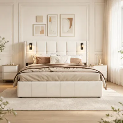 Produktbild von INONEFT Polsterbett mit Stauraum 140 x 200 cm, Doppelbett mit Led Hydraulische Stauraumbett Jugendbett , Samt,Beige