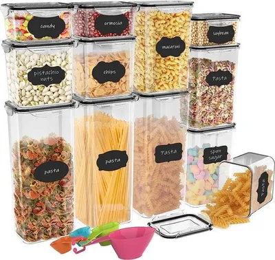 Immagine prodotto di Set in plastica composto da 12 contenitori da cucina ermetici in plastica senza BPA con etichetta, contenitori per alimenti per cereali, biscotti, zucchero e frutta secca