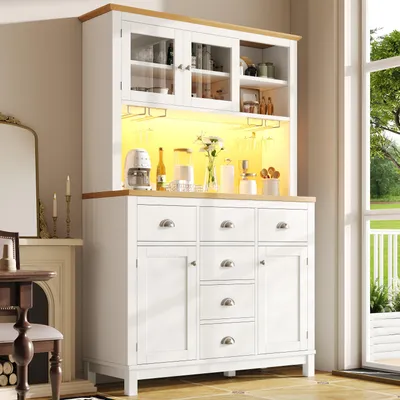 Image de Buffet Flieks avec bandeau lumineux LED et porte-boissons, buffet à 4 portes, dimensions : 104 x 40 x 180 cm, blanc