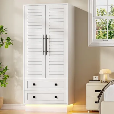 Imagen del producto de Armario con 2 puertas y 2 cajones, iluminación LED, color blanco, para dormitorio, 175H x75Bx48TCM