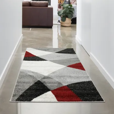 Zdjęcie produktu dla Nowoczesny abstrakcyjny dywan w kratkę w kolorze czerwonym i antracytowym, rozmiar - 80x140 cm