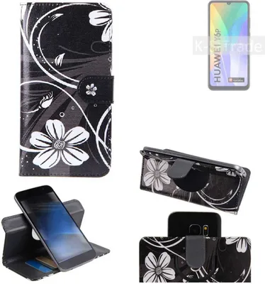 Produktbild von K-S-Trade Schutzhülle Handyhülle kompatibel mit Huawei Y6p Hülle 360° Wallet Case ''Flowers'' Klapphülle Hülle schwarz-weiß 1x