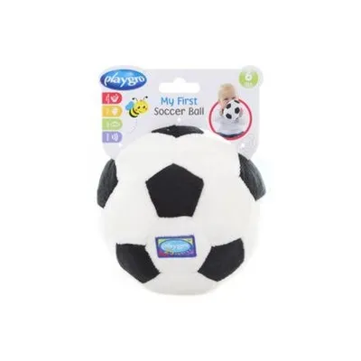 A product shot of a plush soccer ball toy on a white background, with packaging visible.