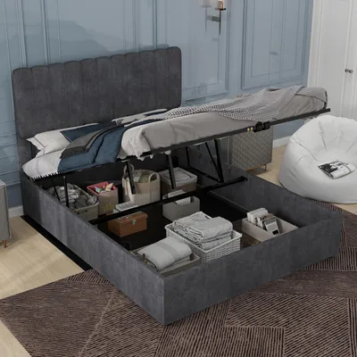 Obrázek produktu pro okwish čalouněná postel 160x200, postel s úložným prostorem, sametový potah, postel pro mládež s polstrovaným čelem, kovový rám, ložnice, šedá (bez matrace)