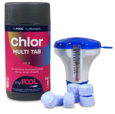 Produktbild von SET> myPOOL Chlor MultiTabs Mini 20g | 1,0 kg inkl. Dosierschwimmer mit Thermometer