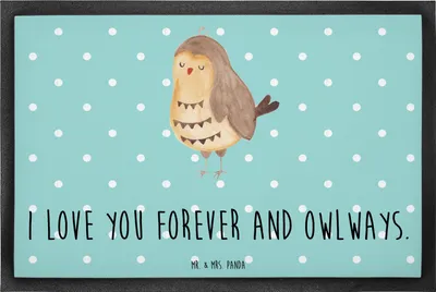 Produktbild von Mr. & Mrs. Panda Fussmatte Eule Zufrieden 60 x 90 cm - Türkis Pastell - Geschenk, Liebesspruch, Hochzeitstag, Wortspiel, Bodenvorleger, Schmutzmatte, Owl, bodenmatte