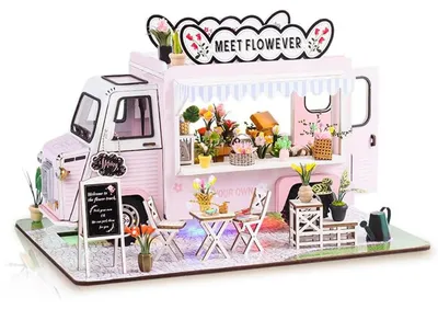 Produktbild von OKWISH 3D-Puzzles, Handgefertigtes DIY Miniaturhaus, Bastelset für Mini Häuser, Architekturmodell, Holzmodell, Mini Haus Dekoration, Kreatives Hobby, Geschenkidee, Blumenwagen