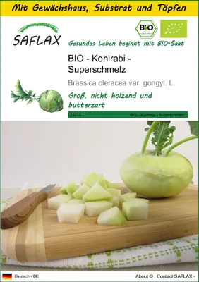 Produktbild von SAFLAX Anzucht Set - BIO - Kohlrabi - Superschmelz - Brassica oleracea var. gongyl. L. - 20 Samen - Mit Mini-Gewächshaus, Anzuchtsubstrat und 2 Töpfen