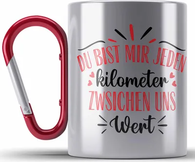 Produktbild von Trendation -  Fernbeziehung Geschenk für Ihn Sie Edelstahl Tasse Karabiner mit Spruch Valentinstag Geburtstag Geschenk Freund (Rot)