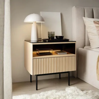 Productafbeelding van Nachtkastje, nachtconsole DIJON, 57 cm, Vicenza eikenhout, zwart, met LED en push-to-open mechanisme