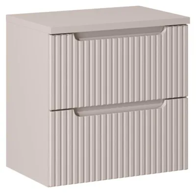 Image de Ensemble de salle de bain suspendu VANO cachemire 60cm : meuble sous vasque à tiroirs rainuré verticalement + plan pour vasque