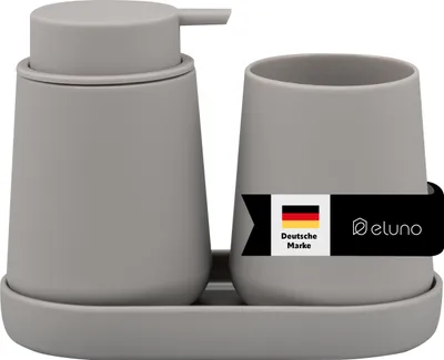 Obrázek produktu pro eluno TESERO 3dílná sada koupelnových doplňků, která se skládá z 1x dávkovače mýdla, 1x pohárku, 1x misky, vyrobeno z plastu v barvě taupe