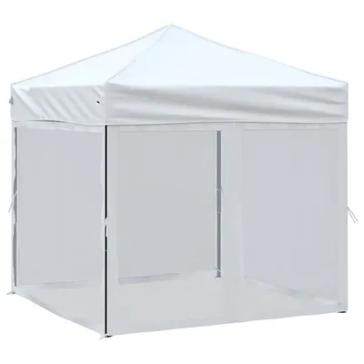 A white party tent with mesh sides is shown against a white background.