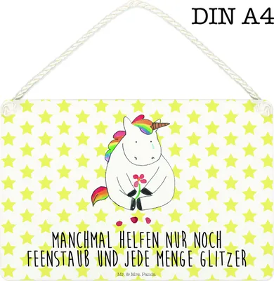 Produktbild von Mr. & Mrs. Panda Schild Einhorn Traurig DIN A4 - Weiß - Geschenk, Freunde, Unicorn, Wandbild Holz, kleine aufmerksamkeit, Türschild, Liebe, holzbild, Blume, Einhörner