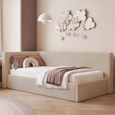 Obrázek produktu pro Postel pro mládež Sampre, rozměry 90x200 cm, s lamelami, levá strana, potahová látka – s úložným prostorem, kovový rošt