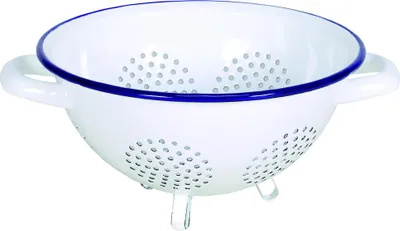 Produktbild von Standseiher Husum 24 cm Emaille weiß mit blauem Rand | klassisches Küchensieb auf Fuß | für Nudeln, Gemüse, Obst | langlebig, hygienisch & dekorativ