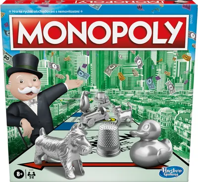 The image shows the front of a Monopoly board game box, featuring the game's iconic mascot and various game pieces against a backdrop of a cityscape and falling money.