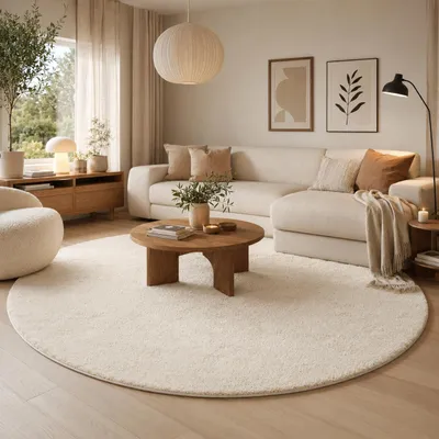Produktbild von Hochflor Shaggy Teppich Palace Creme Rund, Größe:240 cm Rund