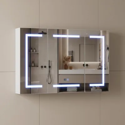 Produktbild von INONEFT 3 Türen Spiegelschrank Bad LED mit 3-Farben-Beleuchtung 100x13.5x60cm,Badezimmer Spiegelschrank,mit Verstellbare Ablage,Entfogging,weiß