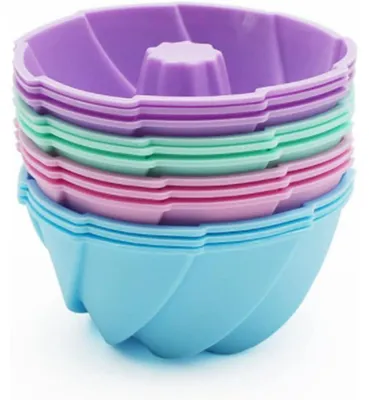 Productafbeelding van Mini Gugelhupf-vormen, siliconen, set van 12, diameter 6,5 cm, in de kleuren lila, roze, lichtgroen en lichtblauw