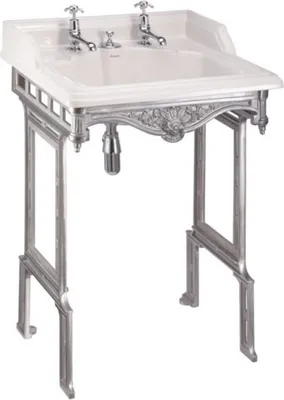 Produktbild von Casa Padrino Jugendstil Stand Waschtisch Weiß / Silber mit 2 Hahnlöchern - Barock Waschbecken Barockstil Antik Stil