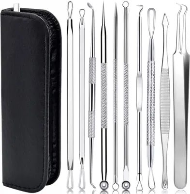 Produktbild von Mitesserentferner Komedonenquetscher Set -10PCS Blackhead Remover mit Akne Pickel Pinzette Mitesser Entferner,Pickel Ausdrücken Werkzeug für Nasen-Gesichtspflege (Edelstahl)