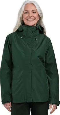 A woman wearing a dark green jacket.