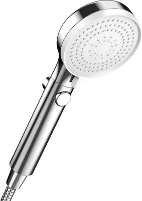 A close-up studio shot of a modern chrome and white handheld shower head against a plain white background.