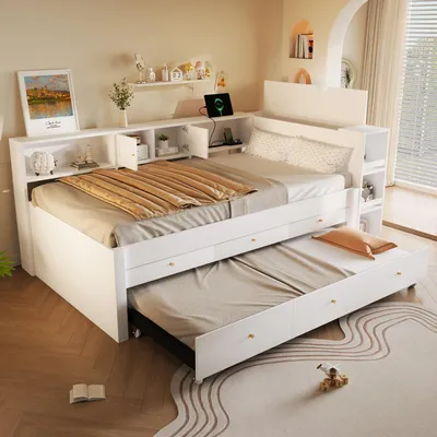 Produktbild von Flieks Tagesbett 140 x 200 cm mit Ausziehbett, Sofabett mit USB-Ladeanschluss und Schubladen, Holzbett mit Staufach, Weiß, MDF+ Kiefer