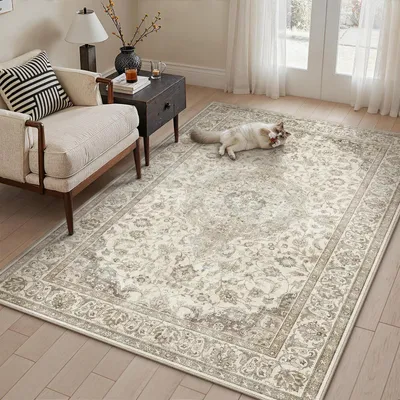 Productafbeelding van Wasbaar vloerkleed voor de woonkamer, bruin, vintage stijl, korte pool, rechthoekig, 80x150 cm