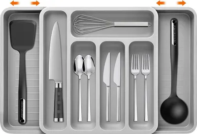 Produktbild von Besteckkasten fš¹r Schubladen, Besteckkasten with 7 Compartments, Cutlery Organizer Extendible, Schubladeneinsatz Kš¹che, Besteckeinsatz fš¹r L?ffel, Gabeln, Messer, Grau