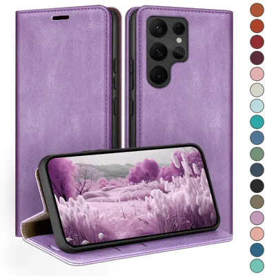 Produktbild von HUOUH für Samsung Galaxy S22 Ultra Hülle mit RFID Schutzhülle aus Lederhülle Handyhülle,Kartenfach ständer Handy hülle,360 Grad Schutz Cover für Samsung S22 Ultra Klapphülle Wallet Case Flieder Lila