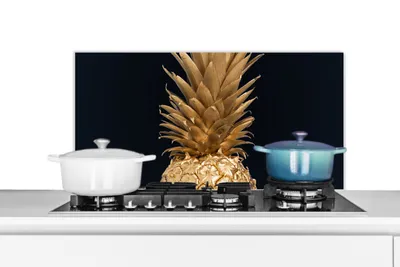 Obrázek produktu pro KitchenYeah® Odstřikovač do kuchyně - Odstřikovač do kuchyně - Ochrana stěny sporáku a dřezu - Ananas - Zlatý - Barva - Černá - Ovoce - 80x40 - Alu-Dibond (alternativa ke skleněnému odstřikovači) - Tepelně odolný