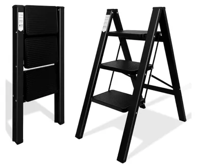 Produktbild von 3-stufige Trittleiter, praktische Klappleiter, rutschfeste Stehleiter, tragbare Klapptritt, als Regal nutzbar, 150 kg Tragfähigkeit, für Haushalt, Büro, Küche, Schwarz